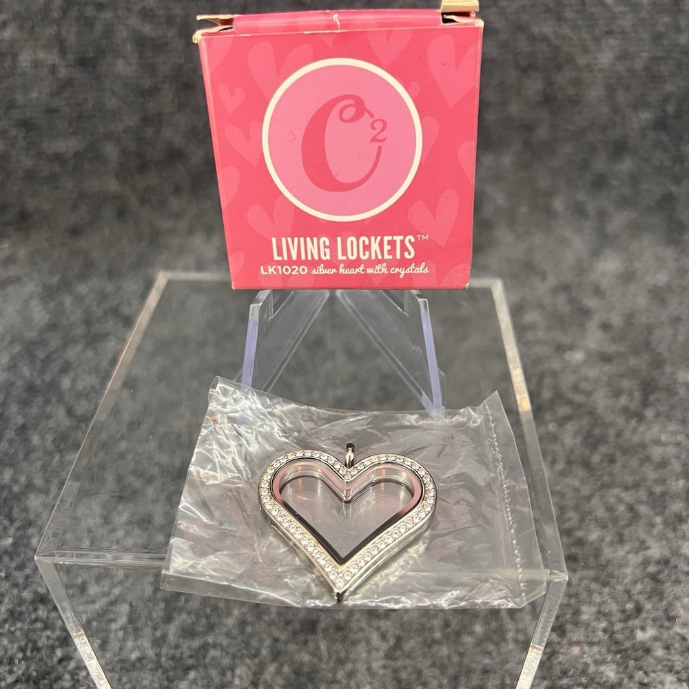 Origami Owl LK1020 Large Silver Hinged Heart Locket w/ Crystals 1.25"